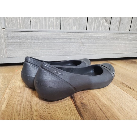 Crocs Cap Toe Ballet Flats Size 10 Womens Solid Black Slip On Shoes Waterproof - Picture 3 of 6